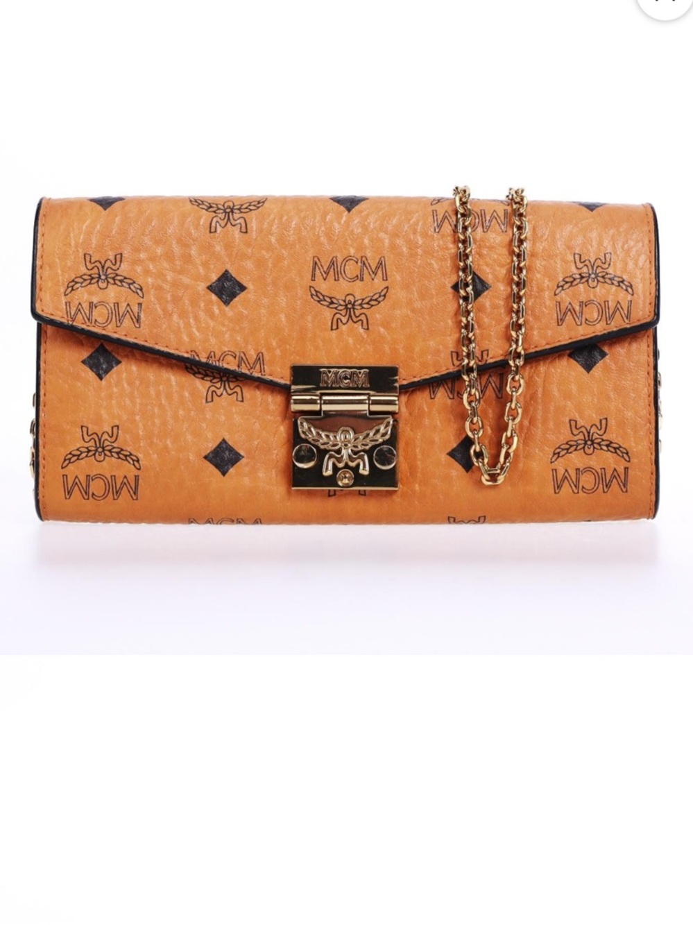 MCM Cognac Visetos Logo Leather Chain Clutch